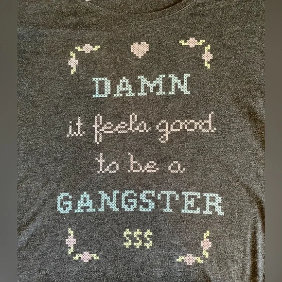 XL Perfect Condition Damn it feels good to be a gangster in cross stitch!😂🤣😂🤣 - Picture 1 of 11